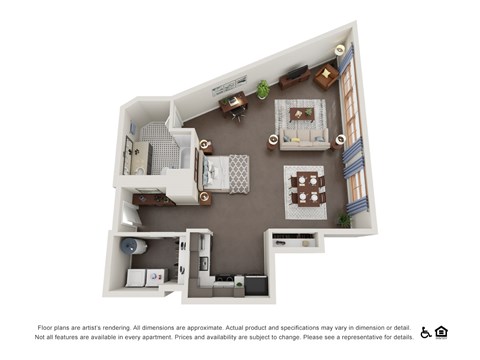 A floor plan of an apartment with a kitchen, living room, and bedrooms.